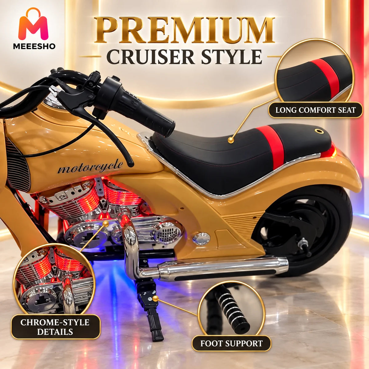 Kids Electric Cruiser Motorcycle With Headlight, Sports Meter And Lights