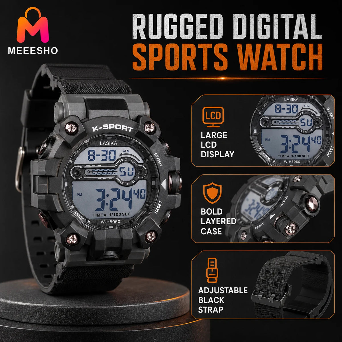 Rugged Digital Sports Watch With Adjustable Strap For Everyday Wear
