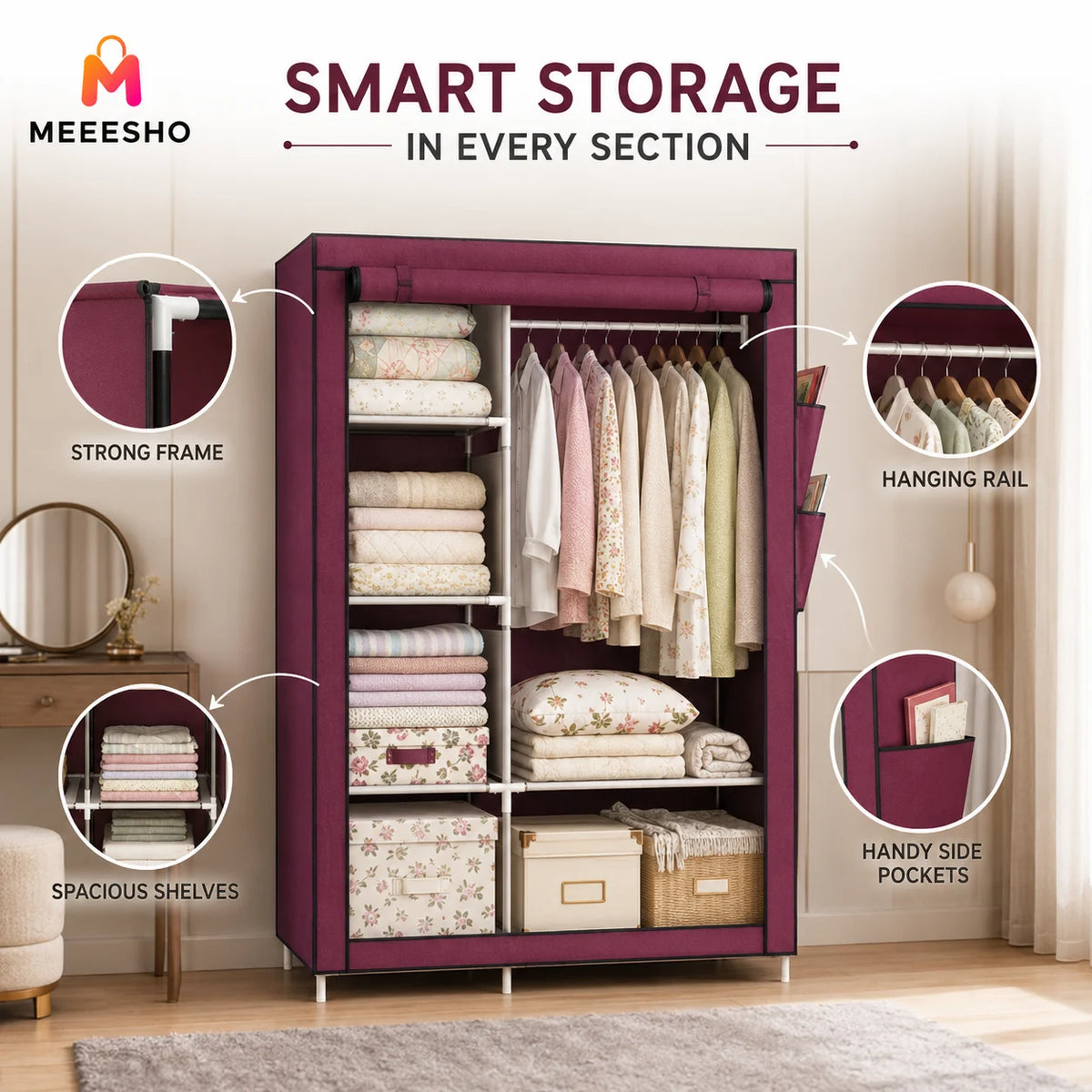Spacious Grey Canvas Wardrobe with Sturdy Frame and Easy Assembly