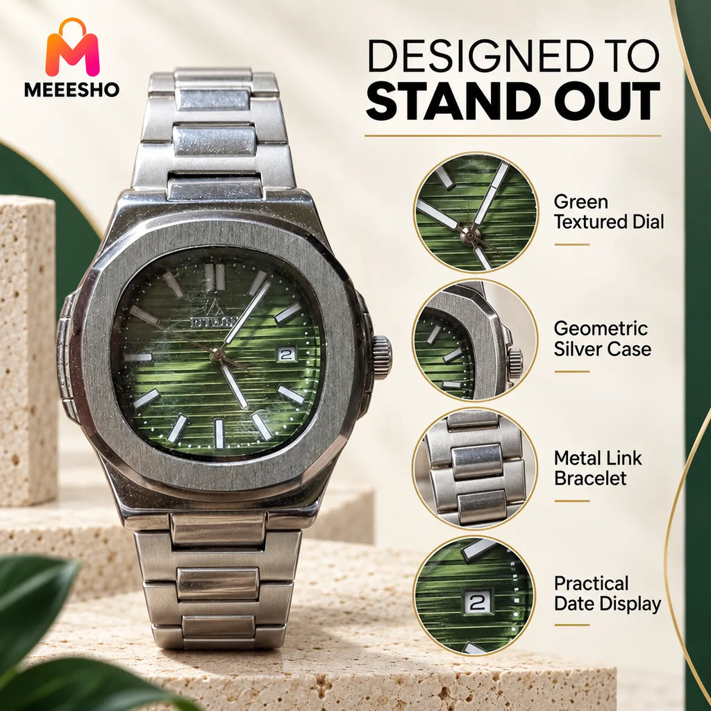Premium Men’s Green Dial Quartz Watch with Silver Metal Bracelet