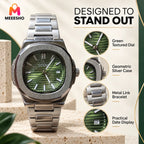 Premium Men’s Green Dial Quartz Watch with Silver Metal Bracelet