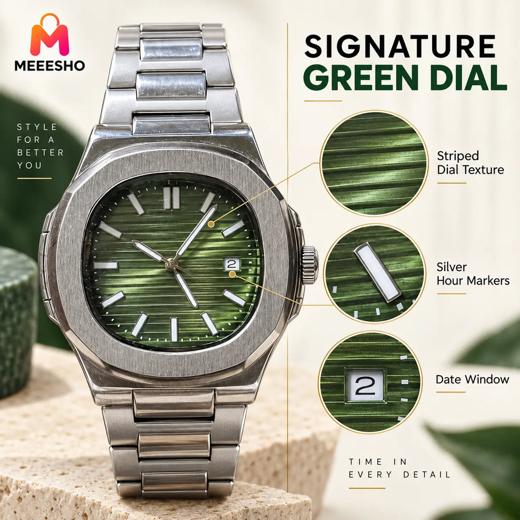 Premium Men’s Green Dial Quartz Watch with Silver Metal Bracelet