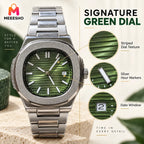 Premium Men’s Green Dial Quartz Watch with Silver Metal Bracelet